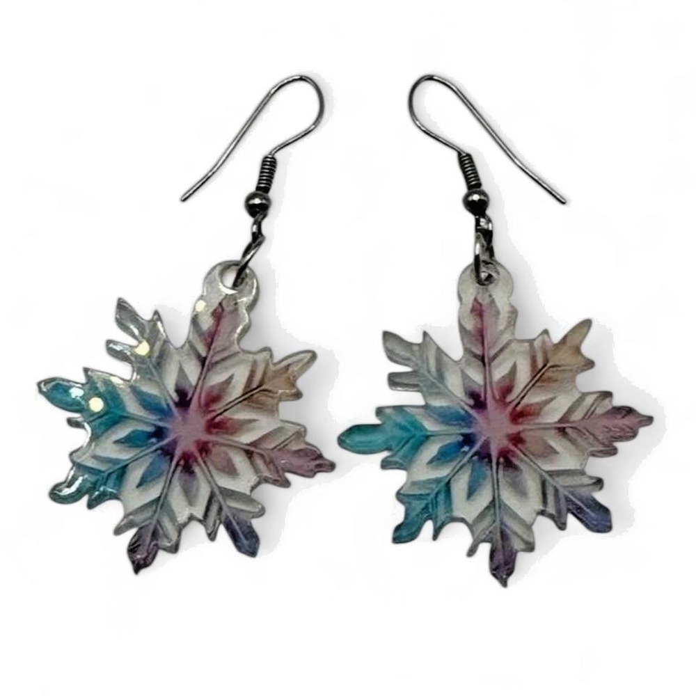 Blue & Pink Iridescent Snowflake Dangle Earrings Winter Holiday